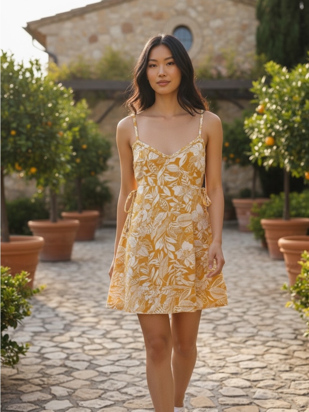 NWT Sincerely Jules Mustard Tropical Floral Mini Dress M